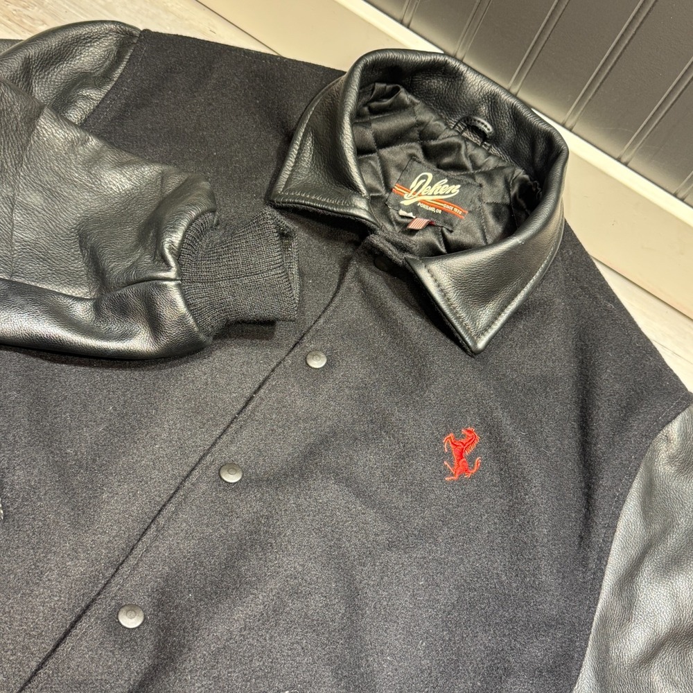 Dehen 1920 Varsity Jacket Black Red Pony Size Large Leather Sleeves Wool